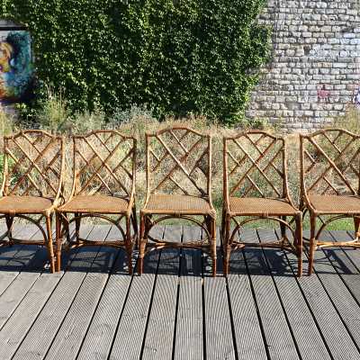 Six chaises en bambou avec assise cannée, 1940