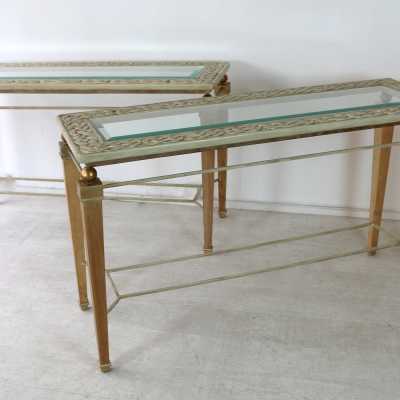 Paire de consoles années 1980 en fer forgé et bois doré