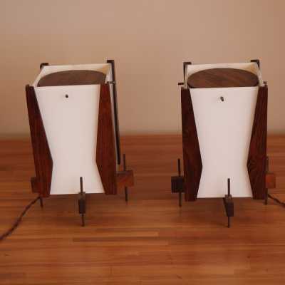 Pair of lamps by Maison Celina in jacaranda wood and glass, circa 1960