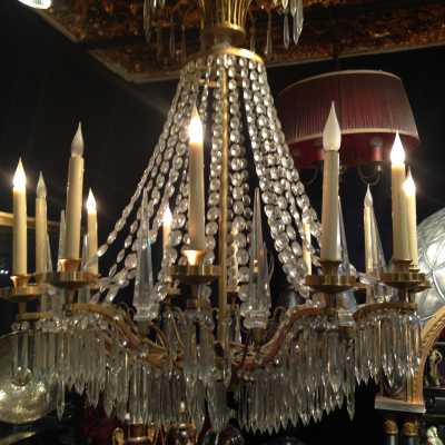 Lustre à douze lumières, cristal, bronze et laiton' circa 1940