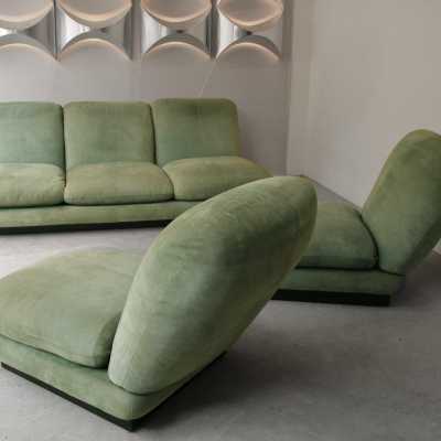 Willy Rizzo, canapé et chauffeuses/ fauteuils en pécari, vert jade, années 70