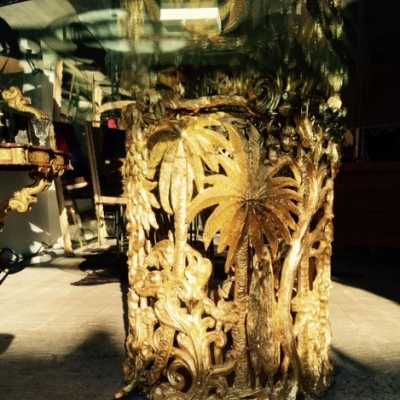 Pied de table Jungle en bronze doré à la feuille signé Jean Boggio, pièce unique, ca 1990
