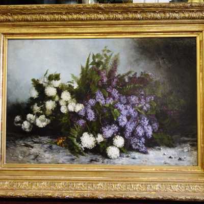 Huile sur toile et cadre en bois doré représentant des dahlias, signée Louise de Goussaincourt (1849-1921)