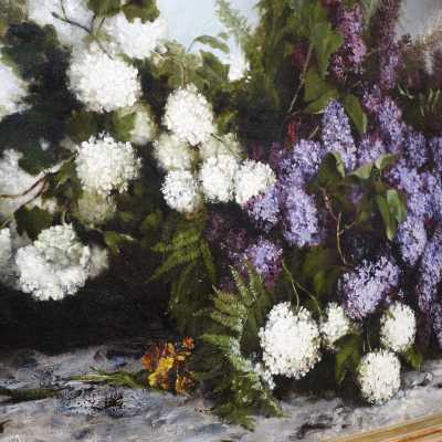 Huile sur toile et cadre en bois doré représentant des dahlias, signée Louise de Goussaincourt (1849-1921)