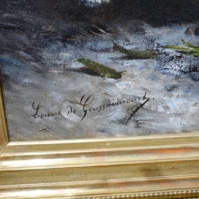 Huile sur toile et cadre en bois doré représentant des dahlias, signée Louise de Goussaincourt (1849-1921)