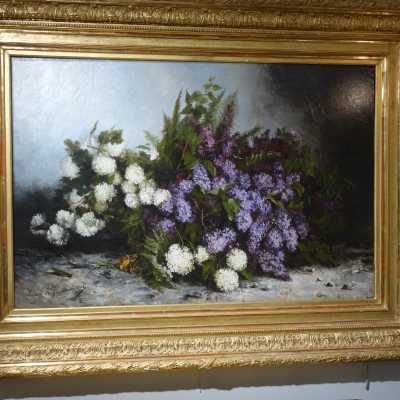 Huile sur toile et cadre en bois doré représentant des dahlias, signée Louise de Goussaincourt (1849-1921)