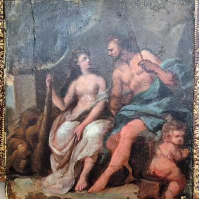 Scène mythologique signée Luca Giordano, papier marouflé sur bois, fin XVIIe siècle