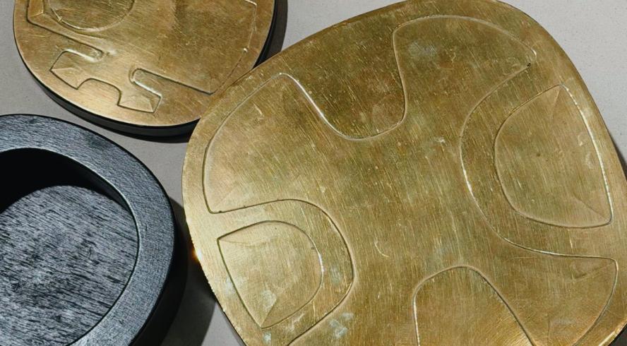Free-form boxes in black-stained wood with engraved brass lids, by Jean Blazy, France, 1970s